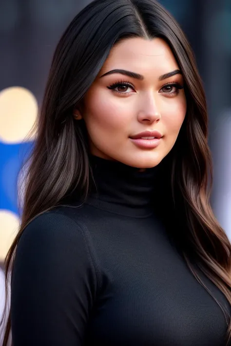 a photo of k31l4hk4ng, a woman (wearing a turtleneck jumper), on a premiere movie event, standing on the red carpet, (focus on face:1.2), (masterpiece:1.2), (photorealistic:1.2), (bokeh), (best quality), (detailed skin:1.2), (intricate details), (8k), (HDR), (cinematic lighting), (sharp focus), (close-up:1.2)