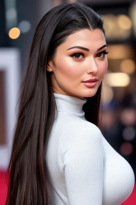 a photo of k31l4hk4ng, a woman (wearing a turtleneck jumper), on a premiere movie event, standing on the red carpet, (focus on face:1.2), (masterpiece:1.2), (photorealistic:1.2), (bokeh), (best quality), (detailed skin:1.2), (intricate details), (8k), (HDR), (cinematic lighting), (sharp focus), (close-up:1.2)