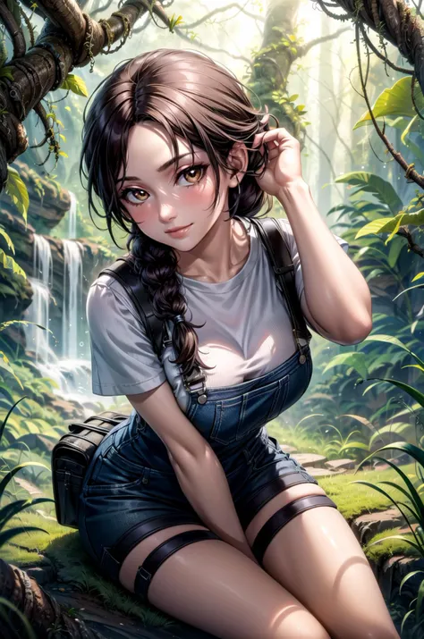 (masterpiece, best quality, detailed), 1girl, solo, Lara Croft, looking at viewer, long hair, braid,
overalls, short sleeves, white gloves, white shirt, outdoors, forest, nature, grass, tree, flower, leaf, sunlight, light rays, leaning forward, adjusting hair, hand in own hair, hand on own thigh, from above, smile, closed mouth