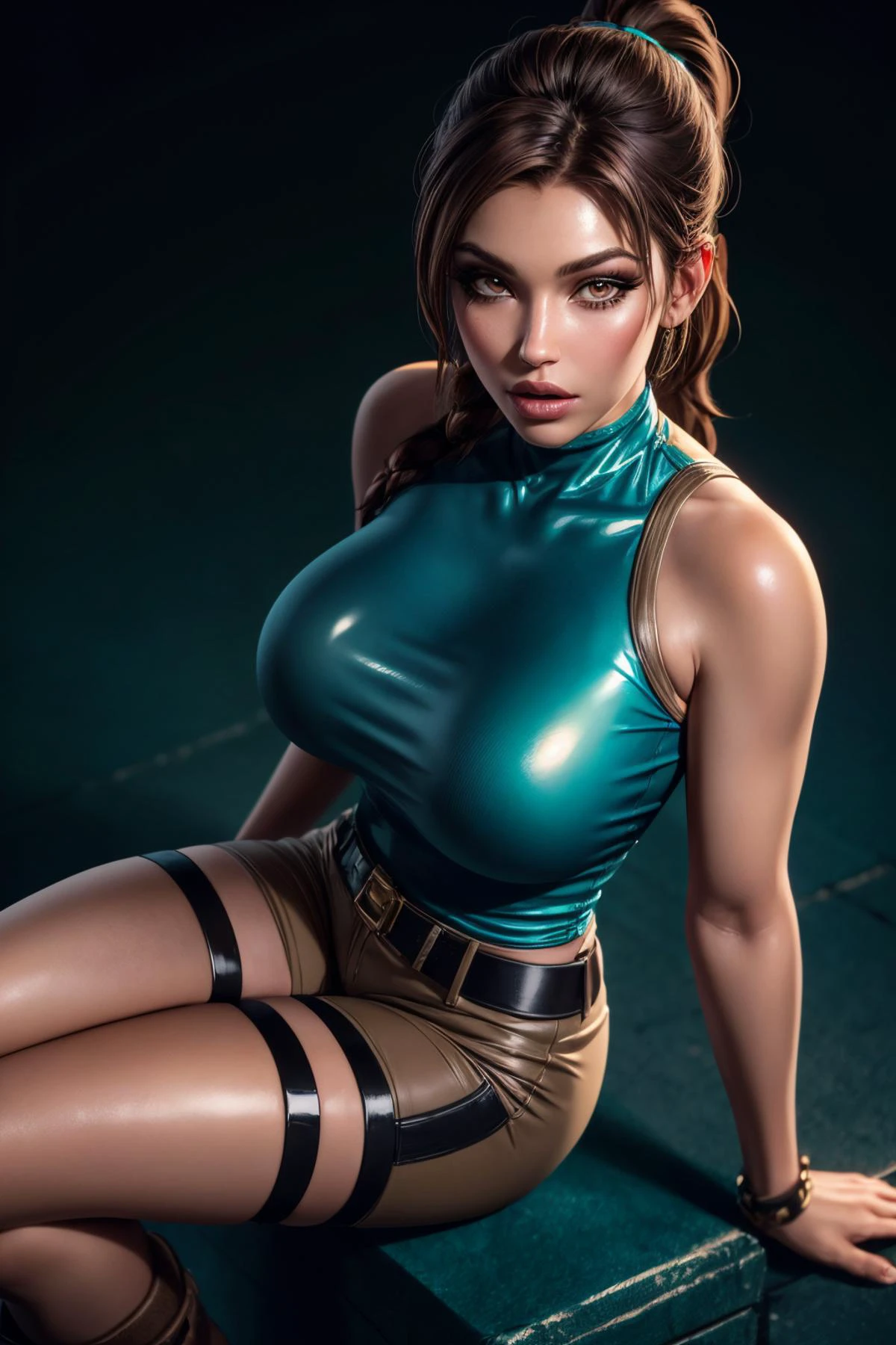 (ultra realistic,32k,RAW photo:1.1),(high detailed skin:1.1), 8k uhd, dslr, high quality, film grain, (makeup, mascara:1.1), lips,(thick\lips\),
(shiny glossy translucent clothing:1.1), <lora:ClassicLara:0.7>Lara Croft,brown hair, ponytail hair, Teal tanktop, brown shorts, boots, socks, <lora:add_detail:0.8>, (huge breast:1.1),
(looking at viewer, sitting, crossed legs, from above:1.1),,
(busty:1.1) , (chubby:0.1),(beautifully lit:1.1),<lora:LowRA:0.4>, dark theme, blank background,