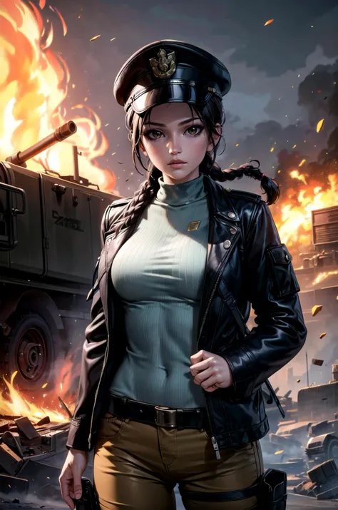 (masterpiece, best quality, detailed), 1girl, solo, Lara Croft, looking at viewer, long hair, braid,
military uniform, military, soldier, belt, green pants, metal, camouflage, military hat, black jacket, world war ii, war, military vehicle, battlefield, battle, dust, smoke, burning, fire, red sky, explosion, hands in pockets, expressionless