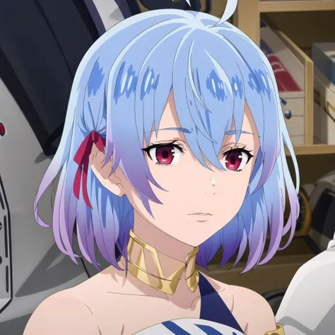 1girl, solo,Ruti, ribbon, hair ribbon, short hair, metal collar, red eyes, blue hair, ahoge, multicolored hair, armlet, gradient hair, collar, jewelry, bangs, armor, bare shoulders, hair between eyes,<lora:Ruti_V2:0.8>,indoor,school,(Upper_body),(Focus on her face),(light_smile:0.5), official art,extremely detailed CG unity 8k wallpaper, perfect lighting,Colorful, Bright_Front_face_Lighting,shiny skin, (masterpiece:1.0),(best_quality:1.0),