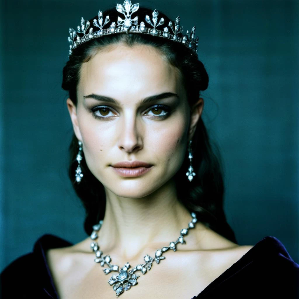 (Skin texture),High qualitycloseup face portrait photo, analog, film grain, actress dressed as a medieval queen with a delicate diamond tiara,regal, natxportman, <lora:natportman_gpt4_juggernautX_2_wocap-merger_21_65_83_04_02_04-natxportman:1.1>