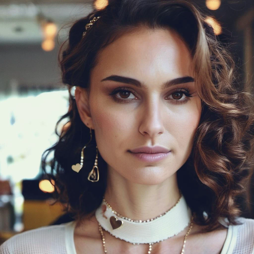 Looking straight at the camera, Film grain, skin texture, Instagram closeup selfie of a woman with beautiful wavy hair wearing a heart necklace,f/1.8,wearing a tutleneck shirt, (natxportman), <lora:natportman_gpt4_juggernautX_2_wocap-merger_21_65_83_04_02_04-natxportman:1.2>