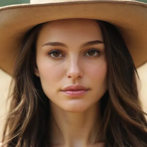 (natxportman), Skin texture, no makeup, Super high res closeup portrait photo of a stunning young woman outdoors with long hair wearing a classic cowboy hat, confident, f /2.8, Canon, 85mm,cinematic, high quality,looking at the viewer, <lora:natportman_smaller_xl_1_standard_wo_cap-merger_8_40_035_065-natxportman:1.0>