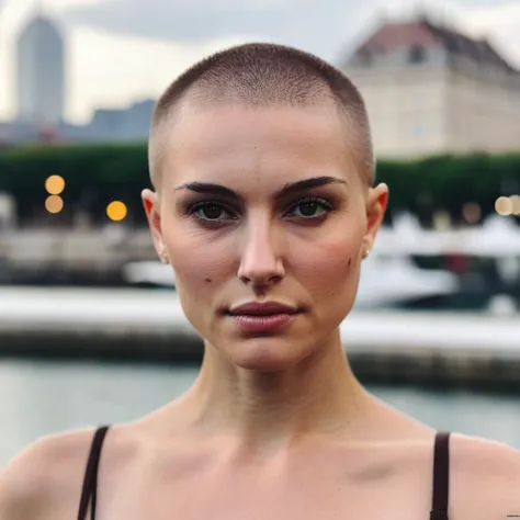 Buzzcut, no hair, bald, (Skin Texture, pores, natural,iPhone,RAW)), natural lighting, Highest Quality closeup Portrait photo of a woman wearing no makeup with a ((buzzcut)), Nikon Z9, realistic matte skin, blurry city in the background, 8K, natxportman, <lora:natportman_gpt4_juggernautX_2_wocap-merger_21_65_83_04_02_04-natxportman:1.1>