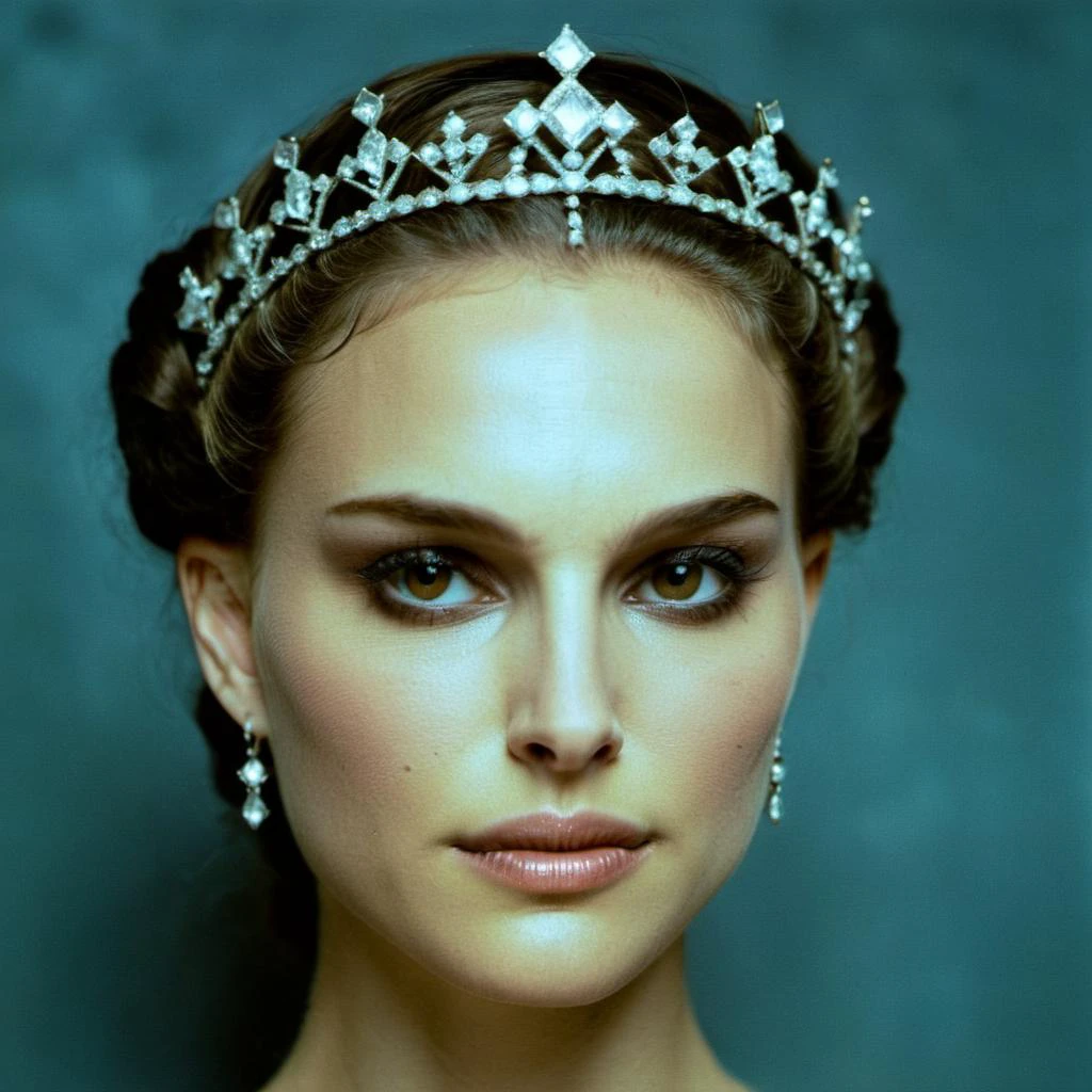 natxportman,(Skin texture),High qualitycloseup face portrait photo, analog, film grain, actress dressed as a medieval queen with a delicate diamond tiara,regal, <lora:natportman_smaller_xl_1_standard_wo_cap-merger_8_40_035_065-natxportman:1.1>,
