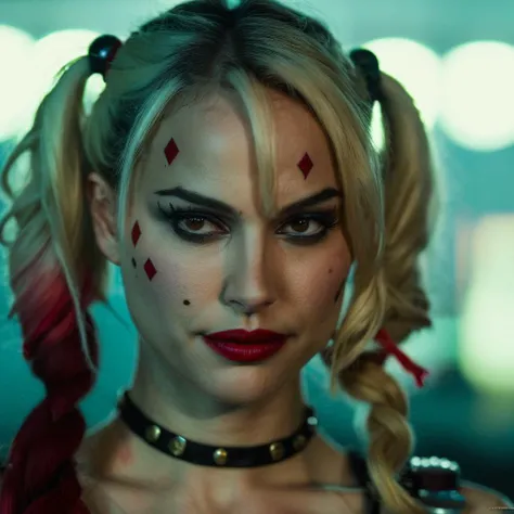 High res closeup portrait photo of an actress dressed as Harley Quinn, f /2.8, Canon, 85mm,cinematic, high quality, skin texture, looking at the camera, natxportman, <lora:natportman_gpt4_juggernautX_2_wocap-merger_21_65_83_04_02_04-natxportman:1.1>