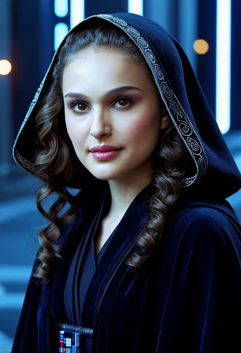 natxportman,beautiful young woman as Padmé Amidala from star wars,wearing a black cloak with glowing white outline,long curly brown hair,full_shot,in a futuristic star wars city,detailed skin,perfect teeth,perfect skin,perfect eyes,smirk,masterpiece,photorealistic,film grain,color graded cinematic,atmospheric lighting,macro shot,skin pores,imperfections,natural,shallow dof,professional photography,<lora:natportman_smaller_xl_1_standard_wo_cap-merger_8_40_035_065-natxportman:1>,