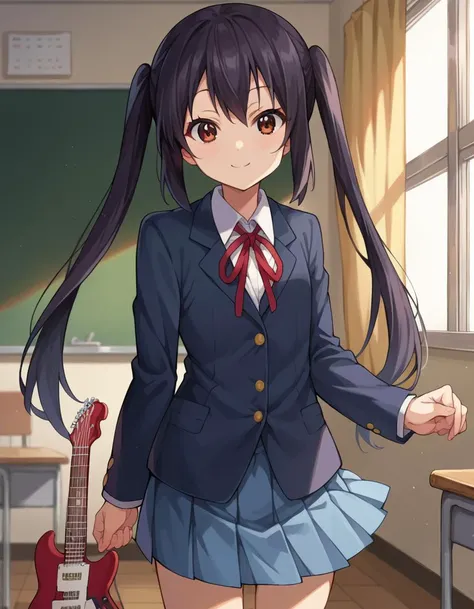 score_9, score_8_up, score_7_up, source_anime,
azusanakano, <lora:azusa-nakano-ponyxl-lora-nochekaiser:1>,
azusa nakano, black hair, brown eyes, long hair, twintails, smile,
sakuragaoka high school uniform, school uniform, uniform, blazer, shirt, white shirt, collared shirt, skirt, pleated skirt,
indoors, classroom, guitar,
looking at viewer, cowboy shot, dutch angle, dynamic pose,
