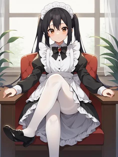 Anime girl sitting on a chair with her legs crossed - SeaArt AI