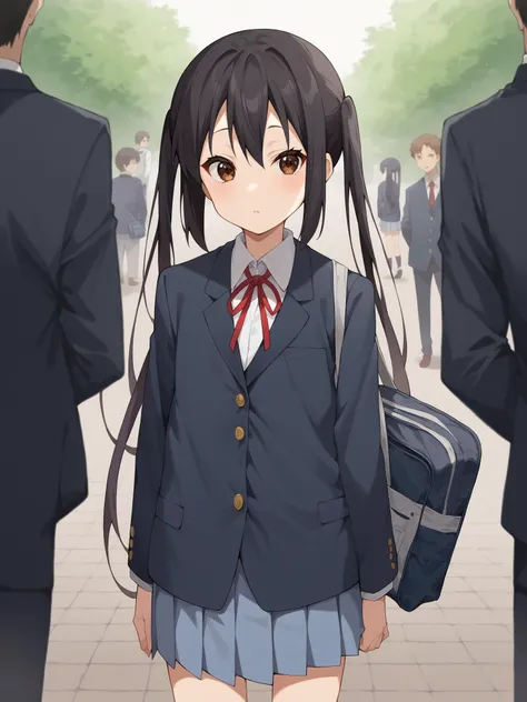 score_9, score_8_up, score_7_up, source_anime,
1girl, solo, <lora:azusa-nakano-ponyxl-lora-nochekaiser:1> azusa nakano, black hair, brown eyes, long hair, twintails,
sakuragaoka high school uniform, school uniform, uniform, blazer, shirt, white shirt, collared shirt, skirt, pleated skirt,
standing, on the street, School bag on shoulder, looking at viewer, people around