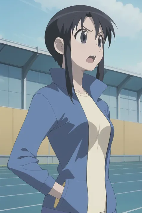 <lora:MinamoV1:0.6> Minamo, black hair, black eyes, sidelocks, short hair, ponytail, long hair, bangs,
blue jacket, white shirt, track jacket, open clothes, open jacket,
track and field, shouting, angry, megaphone