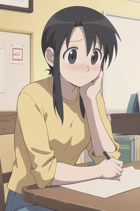 <lora:MinamoV1:0.6> Minamo, black hair, black eyes, sidelocks, short hair, ponytail, long hair, bangs,
yellow shirt, jeans,
sitting, indoors, table, writing, letter, hand on own cheek, embarrassed, blush