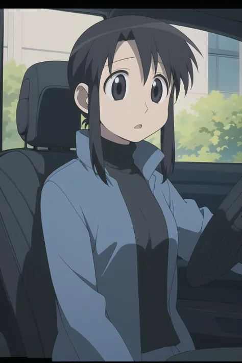<lora:MinamoV1:0.6> Minamo, black hair, black eyes, sidelocks, short hair, ponytail, long hair, bangs, surprised,
brown jacket, open jacket, black turtleneck,
1girl, driving, car