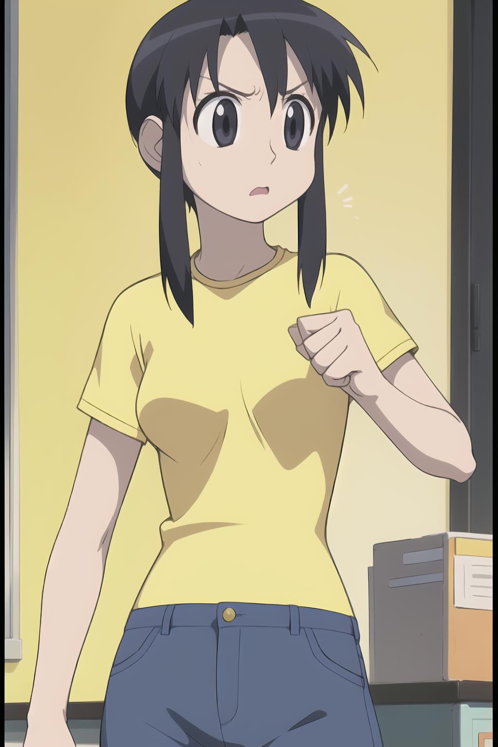 Anime girl in yellow shirt pointing at camera with finger - SeaArt AI