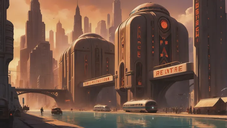 art deco scifi city, streamline moderne,dieselpunk Ancient River Valleys<lora:EnvyStarlightDieselpunk01:1:hr=0>