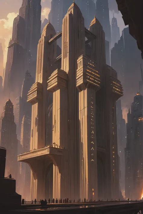 vertical art deco scifi city, skyscraper rooftop in a utopian scifi cliffside arcology edge of time, masterpiece<lora:EnvyStarlightDieselpunk01:1:hr=0>