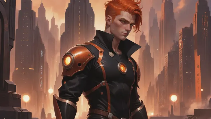 art deco scifi city, (full body:1.2), 1boy, man, masculine, solo, [:fantastical costume design,:0.2] artificer, caucasian, deep orangered hair, (athletic:1) build, Magnetic Anomaly Site<lora:EnvyStarlightDieselpunk01:1:hr=0>