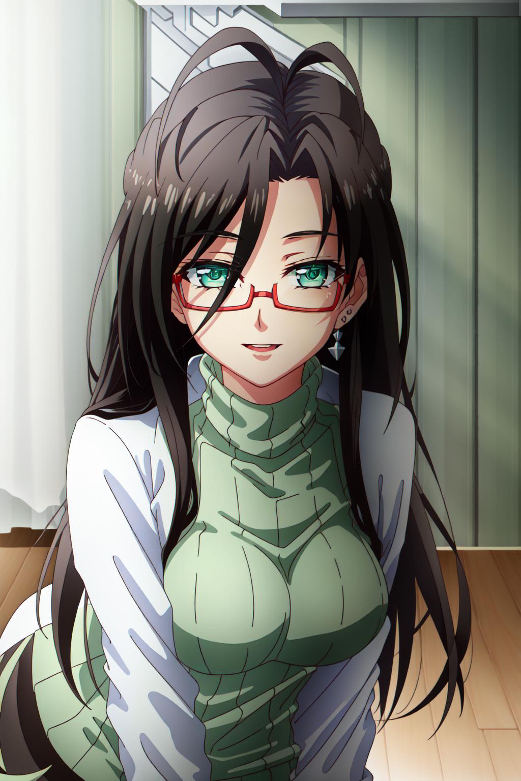 Anime girl with glasses and green eyes sitting on the floor - SeaArt AI