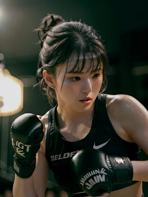 hansohee doing boxing, hair tied up, hair bangs, wet, serious look, ring, looking to the front
analog style, hyper realistic lifelike texture dramatic lighting unrealengine trending on artstation,award winning photo,nikon RAW photo,8 k,Fujifilm XT3,masterpiece, best quality, realistic, photorealistic,ultra detailed,extremely detailed face,
dark, rim lighting, two tone lighting, dimly lit, low key,
<lora:hansohee-sd1.5-newcaption-50step-000001:0.8> <lora:epiNoiseoffset_v2:1>