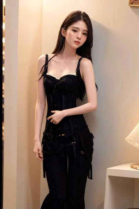 hansohee, (portrait), night store background, RAW,(8k, best quality, masterpiece:1.2),(intricate details:1.4),(photorealistic:1.4),octane render, complex 3d render ultra detailed, studio soft light, rim light, vibrant details, ultra detailed, realistic skin texture, detailed face, beautiful detailed eyes, extremely detailed CG unity 8k wallpaper, makeup,(perfect anatomy),(wide hip:1.3),(black corset:1.5), <lora:hansohee-free-v2:1>