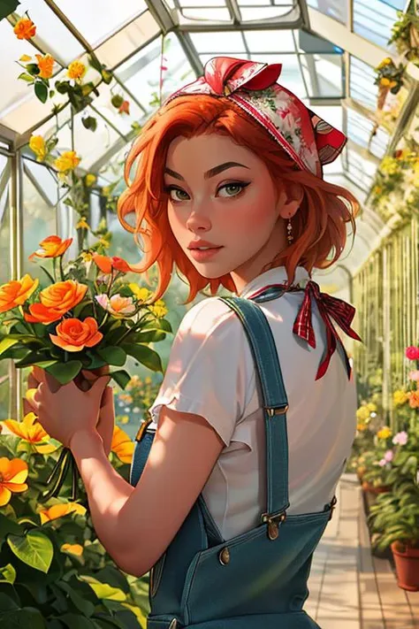 Merger_minliin_utah,
(in a giant glass green house filled with exotic flowers and plants wearing overalls and a bandana walking through the flowers, arboretum, green house, glass, plants, flowers:1.2),
bokeh, f1.4, 40mm, photorealistic, raw, 8k, textured skin, skin pores, intricate details <lora:epi_noiseoffset2:1>, epiCRealism <lora:ClothingAdjuster3:-1>