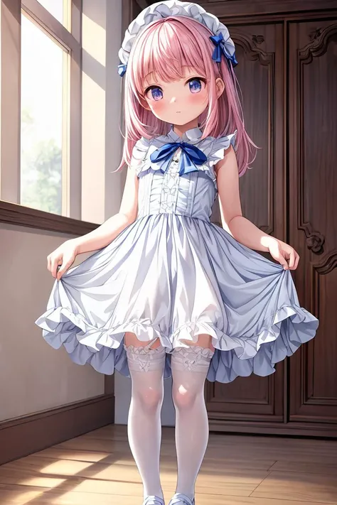 (masterpiece, best quality), 1girl, blue and white frill dress, (white stockings), pink hair, cute face, standing, indoor, intricate detail, sunlight, <lora:add_detail:1>
