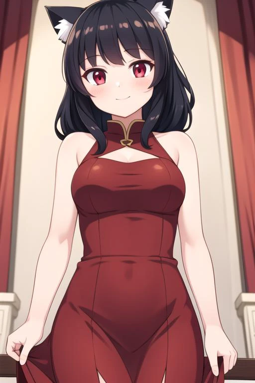 masterpiece, best quality, ultra detailed, anime style, 1girl, catgirl,medium wavy hair, black hair, red eyes, imperial dress, red and gold dress, medium breasts, king castle, inside, warm, beautiful face, happy, cowboy shot