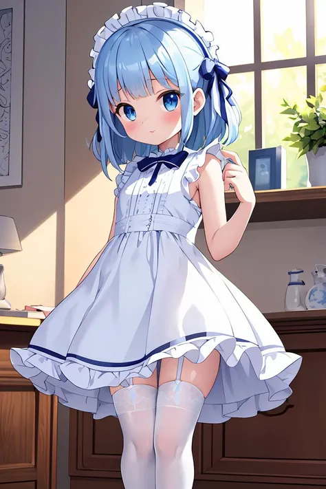 (masterpiece, best quality), 1girl, blue and white frill dress, (white stockings), cute face, standing, indoor, intricate detail, sunlight,