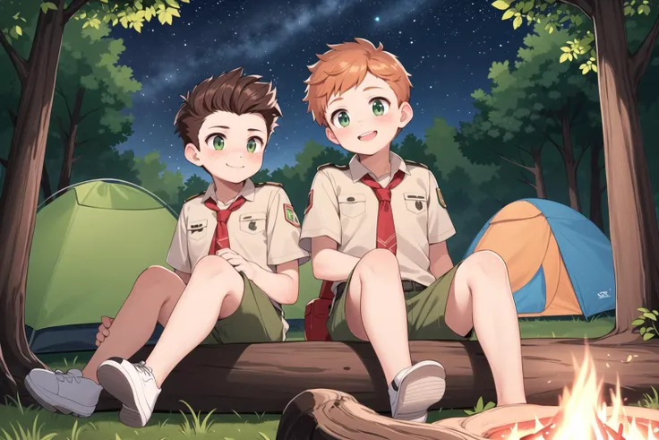 ((picture perfect)), Masterpiece, blush, 2boys, (ginger, quiff, green eyes, freckles), (brown hair, brown eyes, combover), smile, sitting on log, matching boyscout uniforms, outdoors, forest, midnight, sky, stars, campsite, 1campfire, tent,