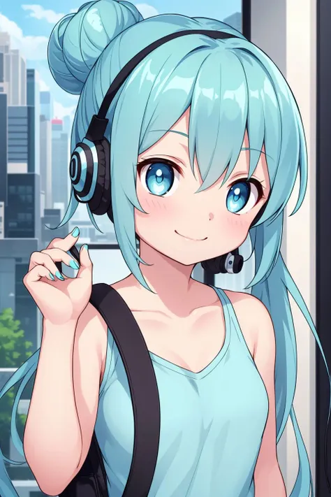 1girl,solo,upper_body,looking_at_viewer,smile,aqua_eyes,long_hair,aqua_hair,bag,hair_bun,double_bun,city,collarbone,headphones,headset,nail_polish,shirt,shop,