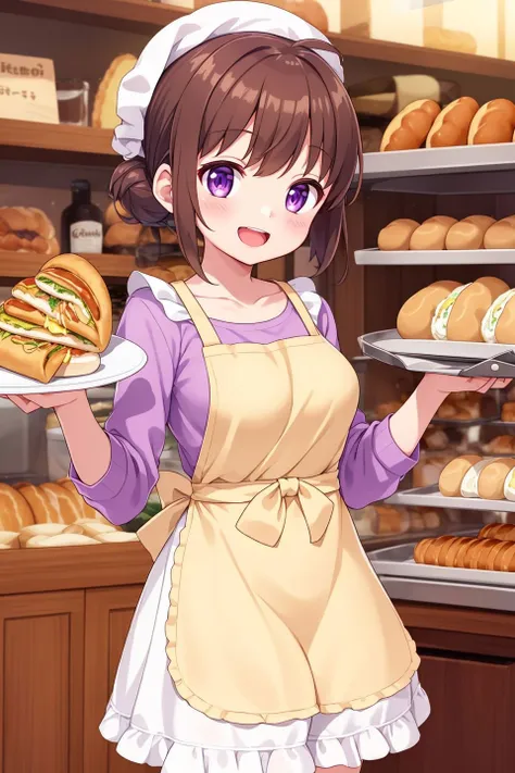 1girl,solo,open_mouth,:d,smile,apron,baguette,bamboo_steamer,bangs,basket,blush,bow,bread,breasts,medium_breasts,brown_hair,butter,collarbone,cookie,cup,doughnut,food,grill,hair_bun,hair_ornament,heart,holding_plate,holding_tray,indoors,jewelry,kitchen,long_sleeves,looking_at_viewer,melon_bread,omelet,oven_mitts,purple_eyes,restaurant,salad,sandwich,sausage,shop,storefront,syrup,table,tiered_tray,tongs,tray,white_headwear,