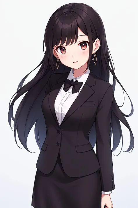 1girl,solo,standing,black_hair,long_hair,brown_eyes,earrings,formal,jewelry,looking_at_viewer,pencil_skirt,skirt,suit,