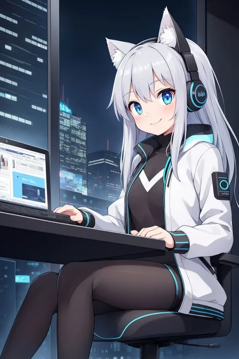 1girl,solo,blue eyes,long hair,silver hair,smile,sitting,building,cat ear headphones,city,city lights,cityscape,computer,cyberpunk,headphones,headset,holographic interface,jacket,keyboard \(computer\),laptop,looking at viewer,monitor,mouse \(computer\),neon lights,night,office chair,science fiction,shelf,shop,skyline,skyscraper,speaker,train station,vending machine,white jacket,bookshelf,