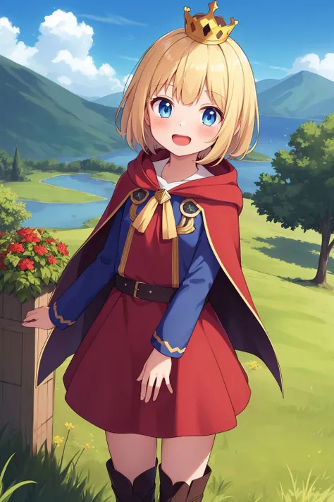 1girl,solo,bangs,short hair,blonde hair,blue eyes,smile,blush,open mouth,looking at viewer,boots,crown,cape,red cape,castle,cloak,cloud,day,dress,field,foliage,forest,grass,hood,lake,nature,long sleeves,mountain,on grass,blue sky,outdoors,path,plant,bush,skirt,sky,tree,tree shade,