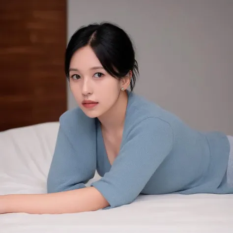 a photo of full body of twmina in a white cloth, who has gray short hair and long skinny legs, who is lying down and curls up in a bed,  (solo), (quality:1.4), (photorealistic:1.2), (resolution:1.4), (sharpness:1.6), (cinematic lighting) depth of field,<lora:Twice_mina_v1.0:0.8>