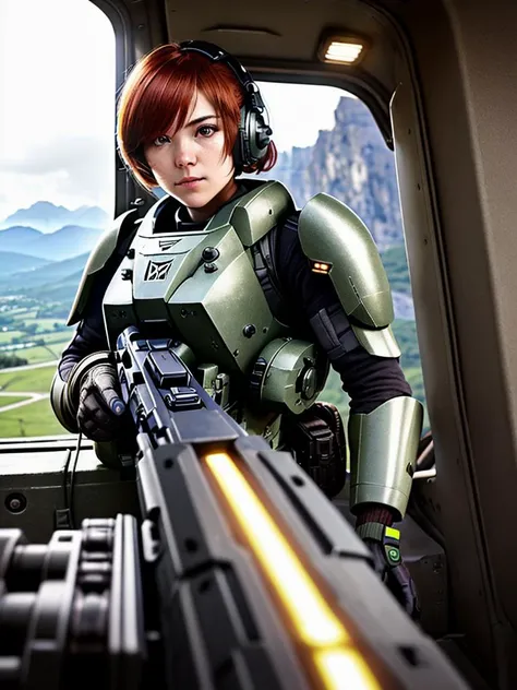 (warzone:1.5), (explosions:1.3), (fire:1.2), aiming weapon, award winning (full body:0.8) (portrait photo:1.1) of a female (sci-fi soldier:1.3) wearing helmet, beside an (army vehicle:1.2) (gun turret:1.3), (explosion:1.4),  (fighter jet:1.2), looking out over a verdant alien planet, (mountains:1.2) (tall grass:1.2), rocks, highly detailed, fine detail, intricate, (lens flare:0.6), (backlighting:0.8), (bloom:0.8), shallow depth of field