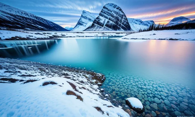 award winning photo a beautiful norway landscape, water, mountains, refractions, snow, realistic, cold colors, antview, natural, sunset, ((sharp focus)), 8k, sharp focus