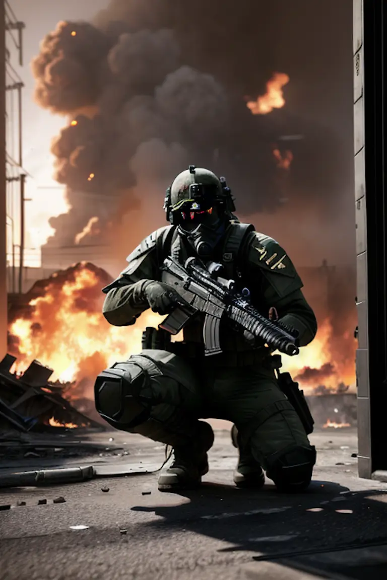 war photograph, a 3d octane render of a camouflage futuristic soldier on one knee in a gunfight, war torn urban area on fire, unreal engine 5, sci-fi, subsurface scattering, hyper-realistic, concept art, illustration, extremely detailed combat backdrop, intricate, sharp lines, crisp focus, fascinating, 8k, smooth, incomparable, immersive combat background
