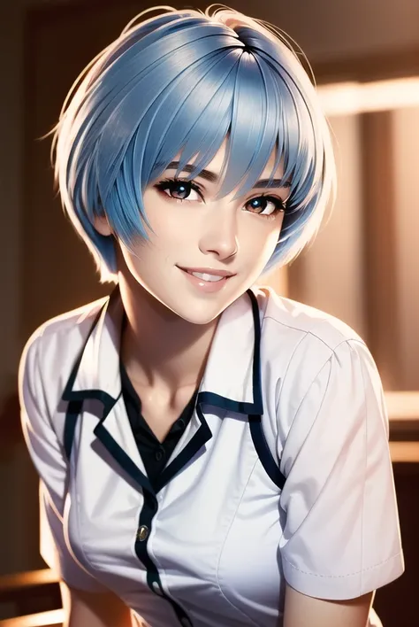 masterpiece portrait of smiling Rei Ayanami \(evangelion\), evangelion \(Hideaki\), caustics, textile shading, high resolution illustration, red eyes, feminine, no pupils, blue hair,  short hair, (backlighting), realistic, masterpiece, highest quality, intricate school uniform, digital painting, fullbody