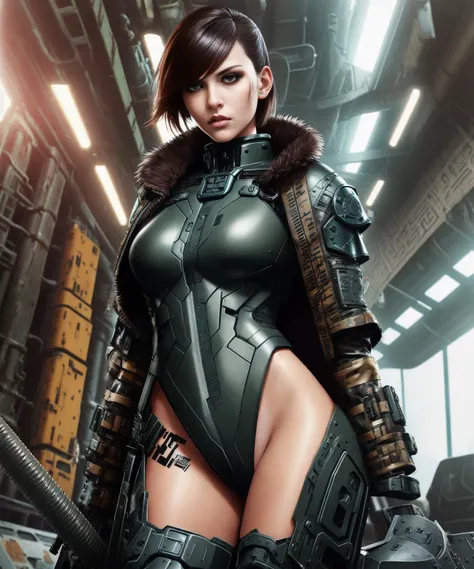 detailed fearsome warrior , realistic beautiful fit street punk woman, portrait wearing (leash), (brown hair), blue eyes, short hair. wearing ((army-colored leather matrix suit)) vibrant colors, colorful::
ghost in the shell inspired, grunge hangar, dynamic pose, low angle. enticing, Laying wide shot from side::
bio-mechanical alien-android mecha armored suit inspired by hr giger, wearing cropped fur coat::
black goo microworld digital painting by (Guweiz and Eddie Mendoza)
