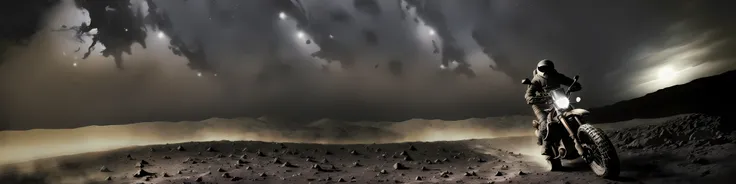 photograph of a man riding an adventure motorcycle on the moon, dust cloud behind motorcycle, dirt roost behind rear tire, headlights shining on terrain, tail lights shining through dust cloud, knobby tires, dark starry sky, nighttime