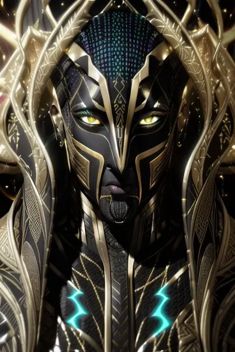 ((Egyptian synthetic King)) ((Male Osiris)), black and gold, ((yellow intensely shinning, illuminated eyes)),  ((Photorealistic)) extreme close-up,  bioluminescent, realism, high detail, octane render, 8k,  (((Chaotic storm of intricate colorful liquid flowing around))), full - length abstract portrait, by petros afshar, ross tran, radiant light octane render highly detailed