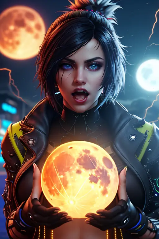 (closeup:1.2),  woman, centered, witch, dark, (huge moon, symmetric full moon:1.1), (wearing Cyberpunk transparent clothing:1.2), glossy, see-through clothes, vivid vibrant glowing neon toxic colors, triadic colors, glowing blue eyes, detailed pupils, glowing eyes, open mouth, teeth, cuspids, sharp teeth, wearing industrial goth clothes, neon lights, glowing colors, backlight, glowing contours, outline, gold highlights, spiderwebs, dripping blood, elegant, fit, fashion, biomechanical, lightning bolts at background, storm, tornado, disney artwork, unreal engine, artstation, detailed, digital painting, cinematic, unreal 5, daz, (hyperrealistic), octane render,