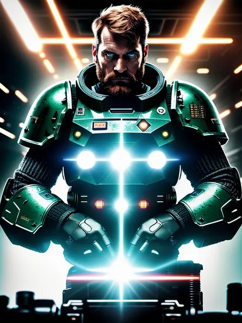 award winning waist up photo of a rugged dark science fiction space marine, wearing scratched and dented space marine gear, middle-aged, short copper hair and beard, green eyes, inside spaceship cockpit, electronic circuits hanging loose in background, flashing control panel in foreground, science fiction, action, dark, tools on floor in background, dark red lighting, high contrast, shiny skin, backlighting, bloom, light sparkles, chromatic aberration, sharp focus