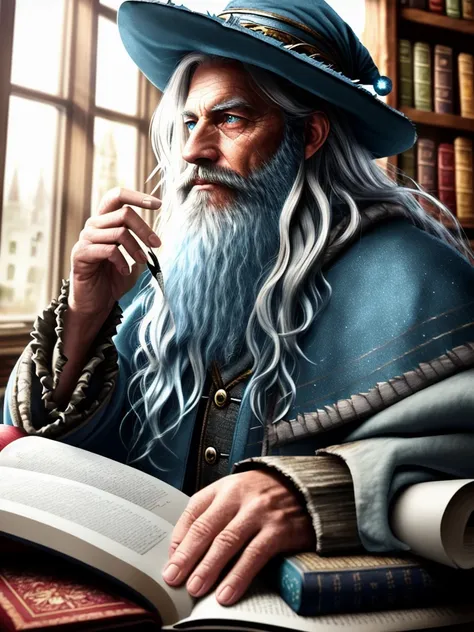 award winning waist up photo of a rugged fantasy wizard, 8K, wizard hat, wearing torn wizard robes, old and wrinkled, long white hair and beard, blue eyes, library, books in foreground, large window in background, fantasy, wonder, amazing, magical tools on table in background, bright wizard office or study, shiny skin, backlighting, bloom, light sparkles, sharp focus