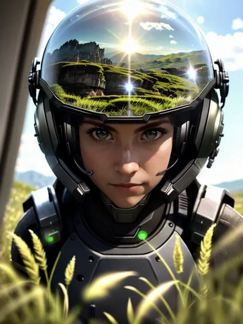 (warzone:1.2), award winning (full body:0.8) (portrait photo:1.1) of a female (sci-fi soldier:1.3) wearing helmet, beside an (army vehicle:1.2) (gun turret:1.3), (explosion:1.4),  (fighter jet:1.2), looking out over a verdant alien planet, (mountains:1.2) (tall grass:1.2), rocks, highly detailed, fine detail, intricate, (lens flare:0.6), (backlighting:0.8), (bloom:0.8), shallow depth of field