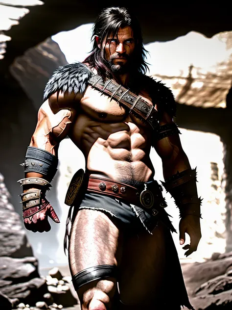 award winning waist up photo of a rugged fantasy barbarian, wearing torn leather jerkin, muscular, bloody and scarred and scratched, short black hair, gray eyes, cave ceiling in background, dark, shadow creatures in background, dark, ominous, cave, high contrast, shiny skin, backlighting, bloom, light sparkles, chromatic aberration, sharp focus