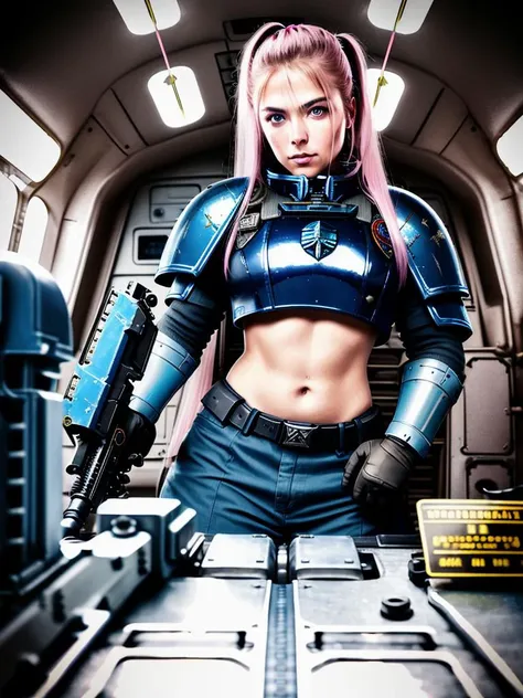 award winning waist up photo of a female dark science fiction space marine, rifle, wearing scratched and dented warhammer space marine armor, long blue hair, pink eyes, inside spaceship cockpit, science fiction, action, dark, tools on floor in background, shiny skin, sharp focus